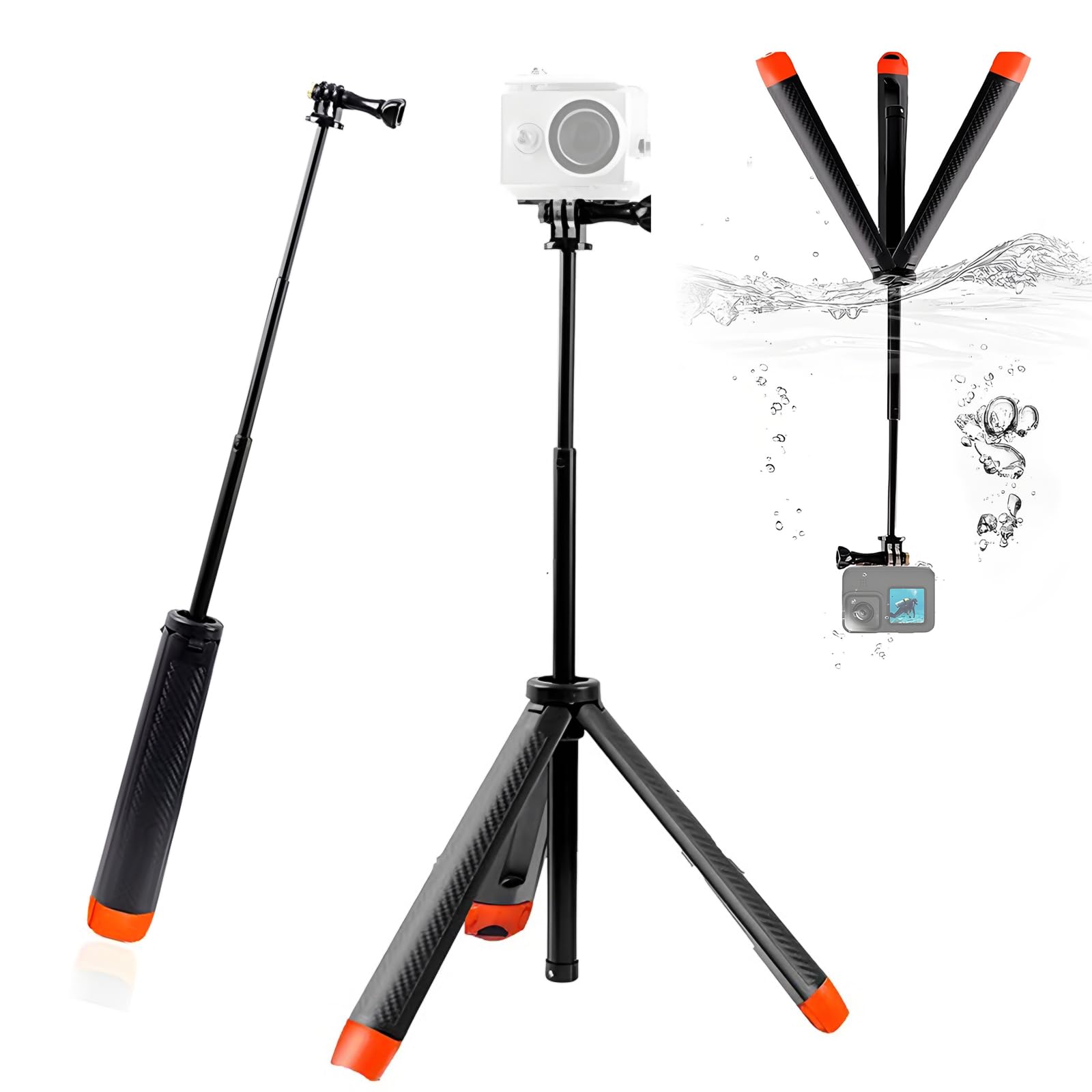 Photo 1 of 4 in 1 Selfie Stick Floating Hand Grip Tripod for Most Action Camera - As Waterproof Extendable Selfie Stick Monopod Pole Floating Hand Grip Tripod Stand, Black & Orange