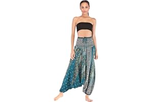 Alla Sim Women's 2 in1 Rayon Smocked Waist Boho Harem Pants Jumpsuit