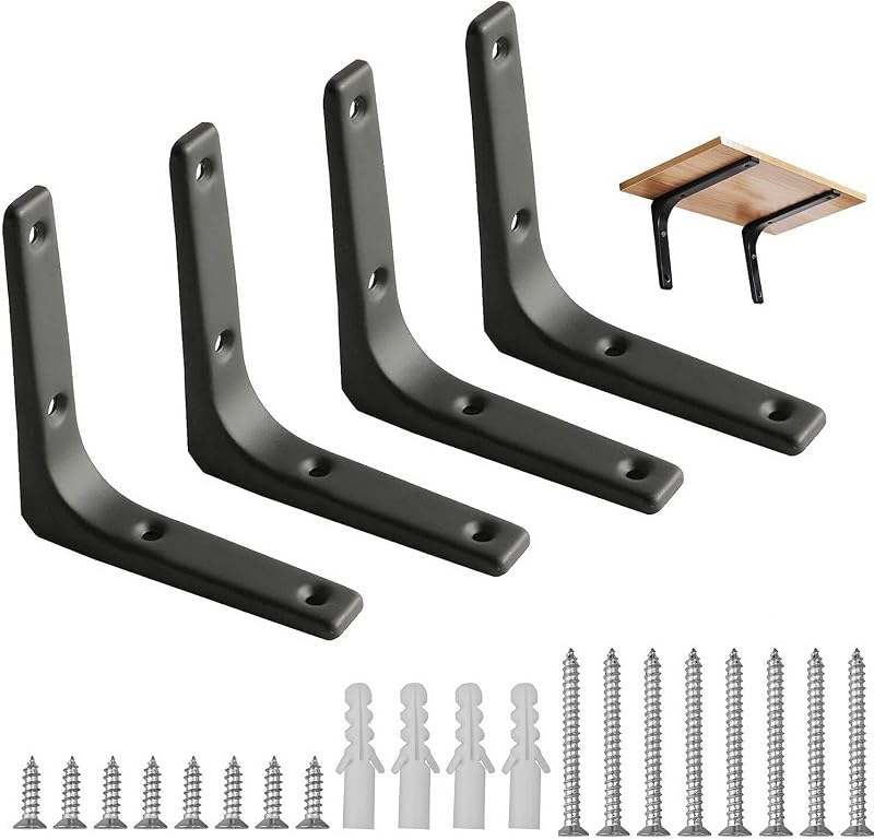 nuoshen 4Pcs Shelf Bracket 100x100mm Right Angle Wall Mount with Screws Black