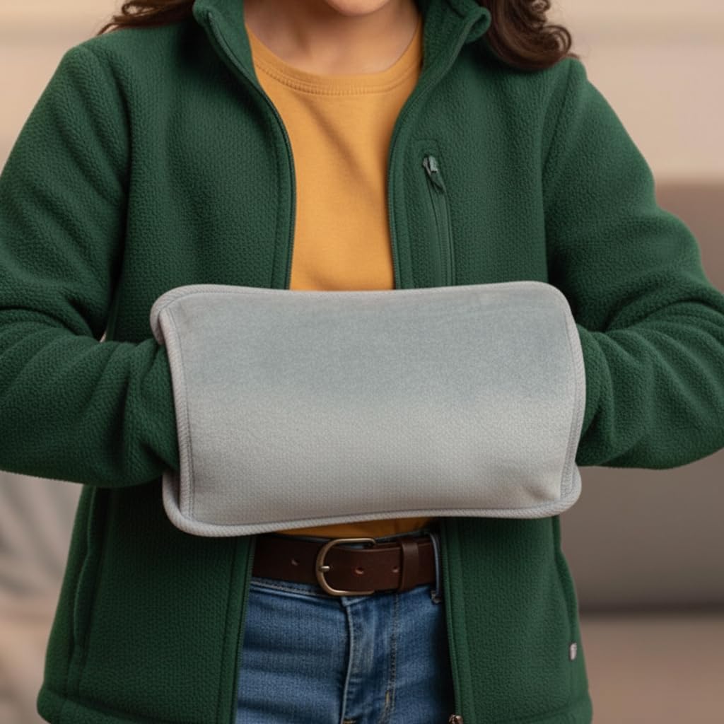 Almineez Rechargeable Electric Hot Water Bottle Bed Hand Warmer Massaging Heat Pad Plush Cover - Soothing Heat Relieves Back Pain, Cramps, Arthritis, Warms Hands and Tummy