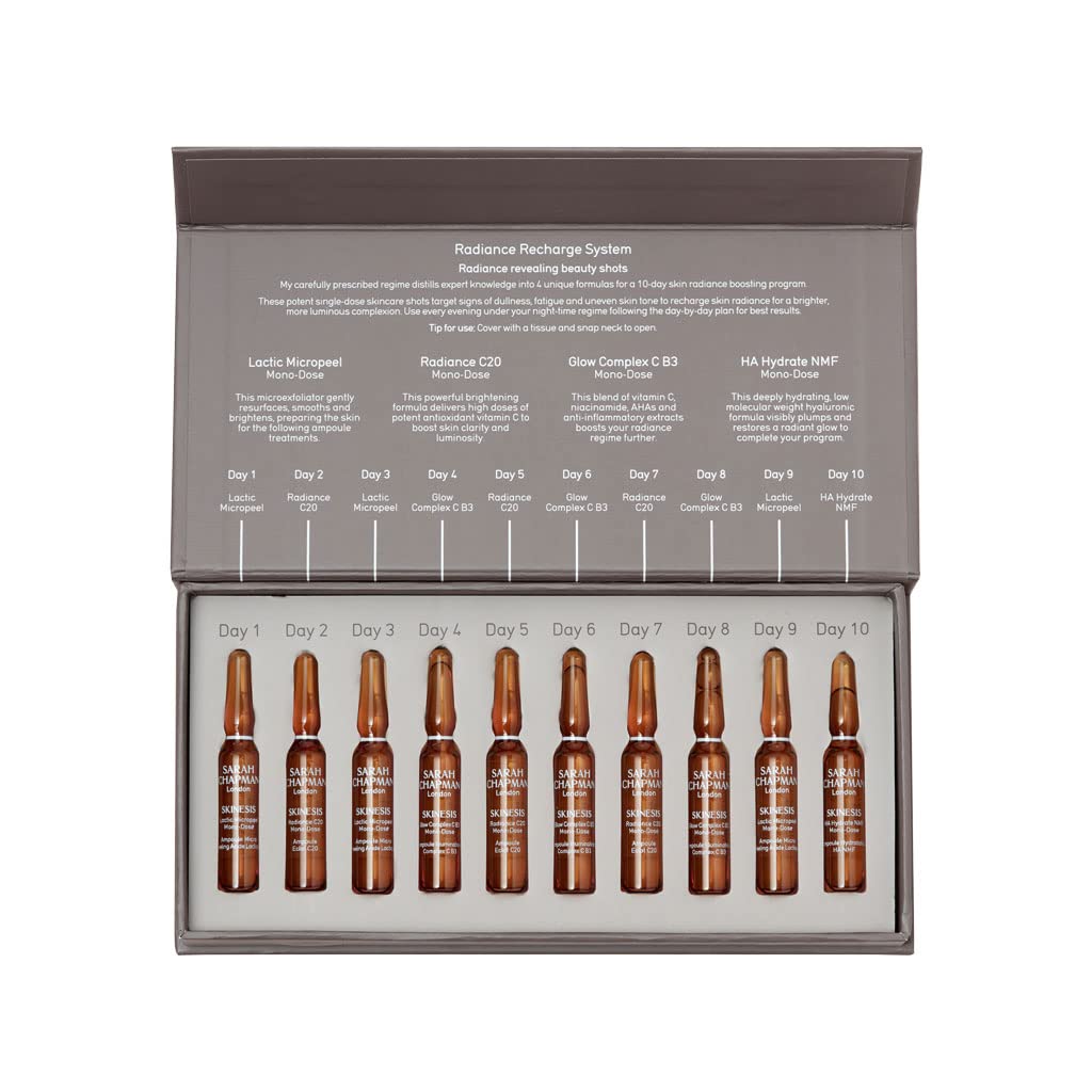 Sarah Chapman Radiance Recharge System, 10 Day Ampoule Programme For Recharging and Brightening Dull Skin, 10 x 1 ml