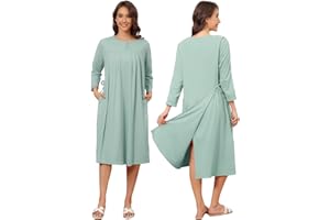 Liokoc Flannel Hospital Gowns for Women Zipper Open Back Post Shoulder Surgery Dress Thermal 3/4 Sleeve Adaptive Clothing