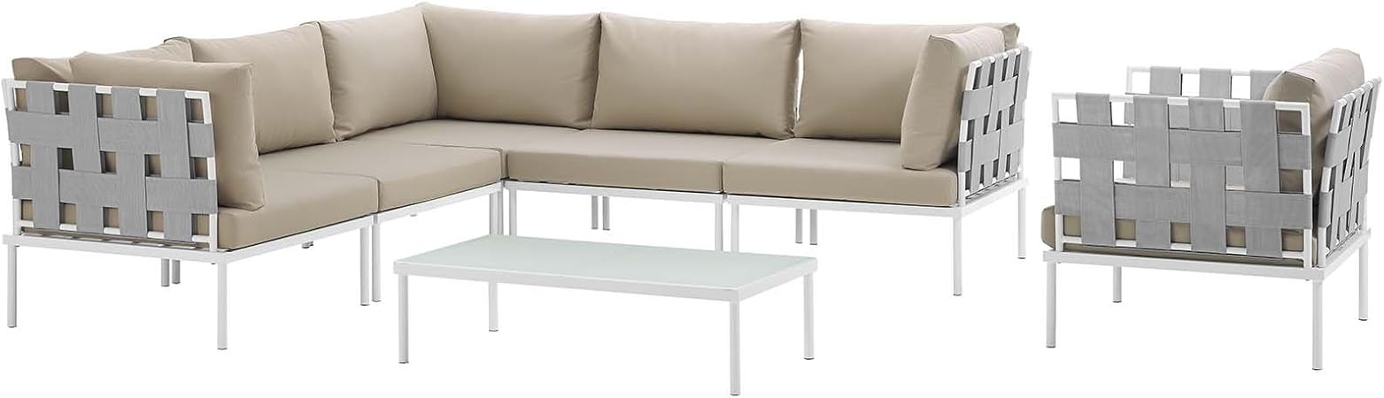 Amazon Com Modway Harmony 7 Piece Aluminum Outdoor Patio Furniture Sectional Sofa Set With Cushions In White Beige Garden Outdoor