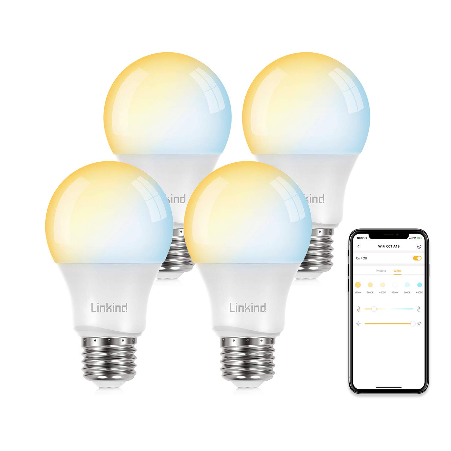 Linkind Smart WiFi Light Bulb(2nd Gen), Dimmable Led WiFi Bulbs, A19 E26 800LM Smart Lights Works with Alexa & Google Home Seamless, 2700k-6500k Warm White to Cool White 9W Smart Light Bulb, 4 Pack