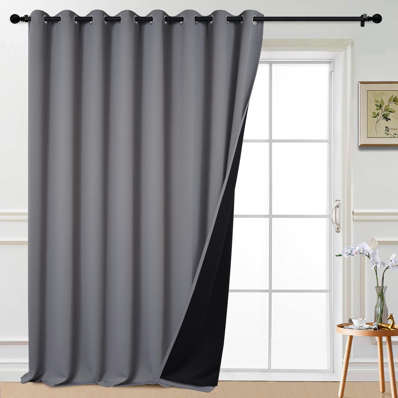 Photo 1 of Yakamok 100% Blackout Thermal Insulated Grommet Curtains, Noise Reducing Barrier Panel for Sliding Glass Door, 2 Thick Layers Heat Full Light Blocking Patio Door Drapery, Grey, W100 x L108, 1 Panel