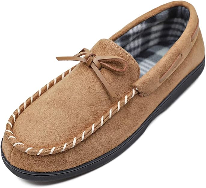 Men's Moccasin House Slippers Flannel/Fur Lined Wide Shoes Micro Suede