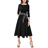 VFSHOW Womens Elegant Pockets Belted Work Business Office Casual Party Pleated A-Line Midi Dress