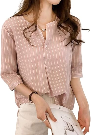 Amazon Minesam レディース シャツ ストライプ ブラウス スキッパー Vネック 七分袖 トップス 涼しげ風合い 夏服 M 3xl シャツ ブラウス 通販