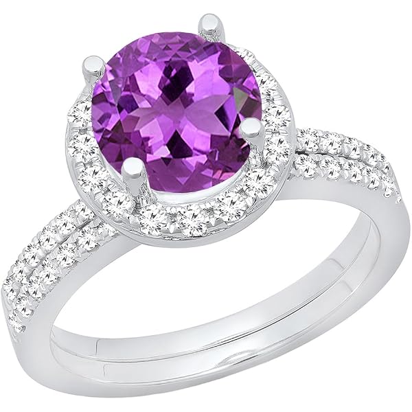 14K Rose Gold Amethyst & White Diamond Halo Engagement Ring - Size 6, Bridal Ring