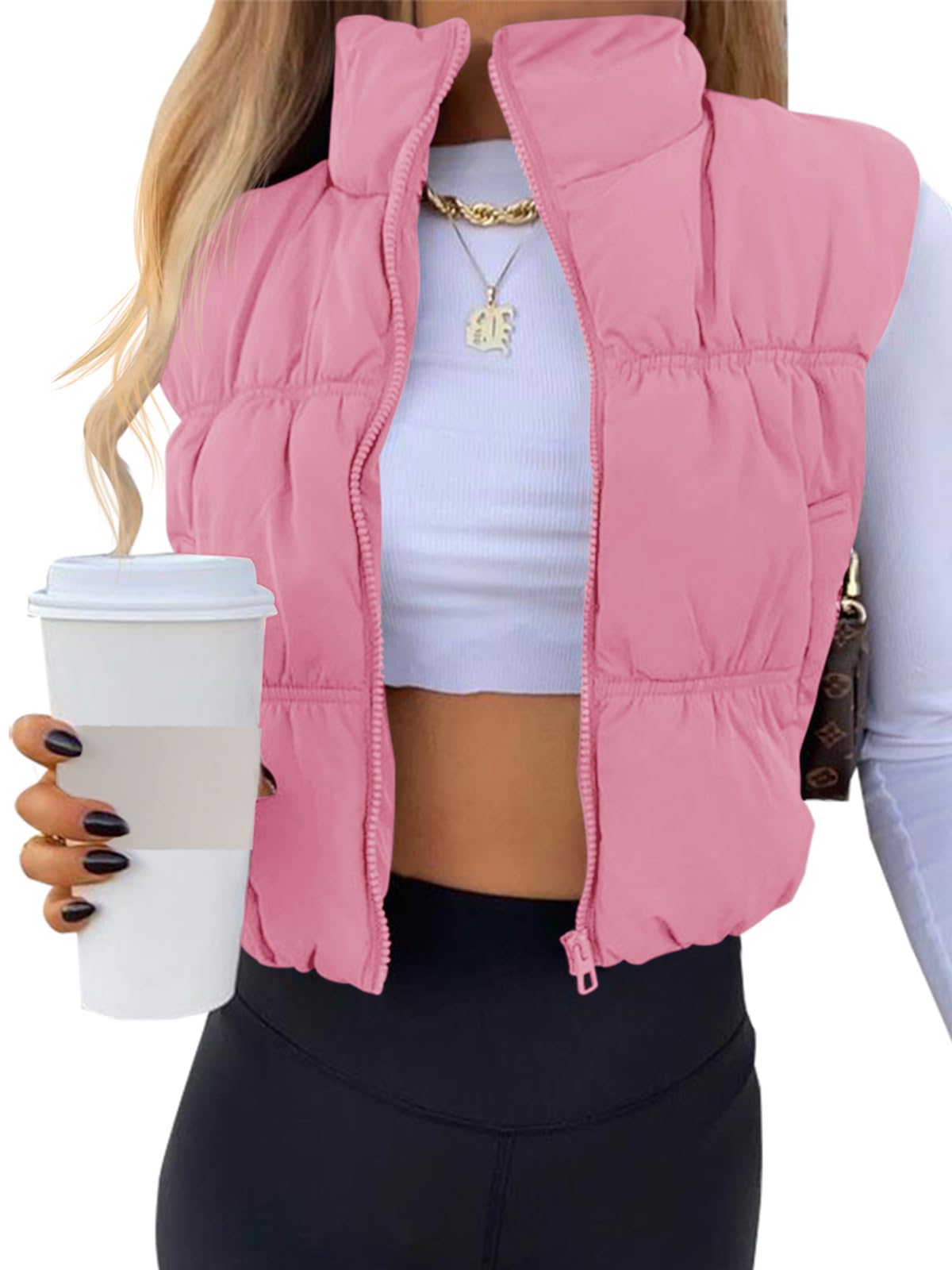 SySea Women's Crop Puffer Vest Winter Zip Up Lightweight Sleeveless Warm Outerwear Padded Coat Image