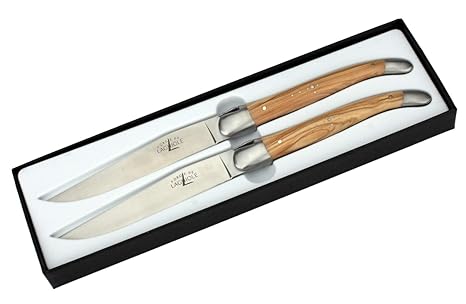 Forge de Laguiole - 2er Set französische Steakmesser - Griff Olivenholz - Edle Tafel-Messer - Stahl matt