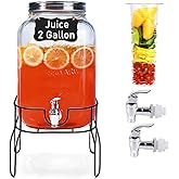 2 Gallon Glass Drink Dispensers for Parties, Sun Tea Glass Jar for Outside Beverage Dispenser with Stand+Lid 2 Press-Spigots(Easy for kids) Fruit Infuser, Beverage Dispensers-Mason Jar
