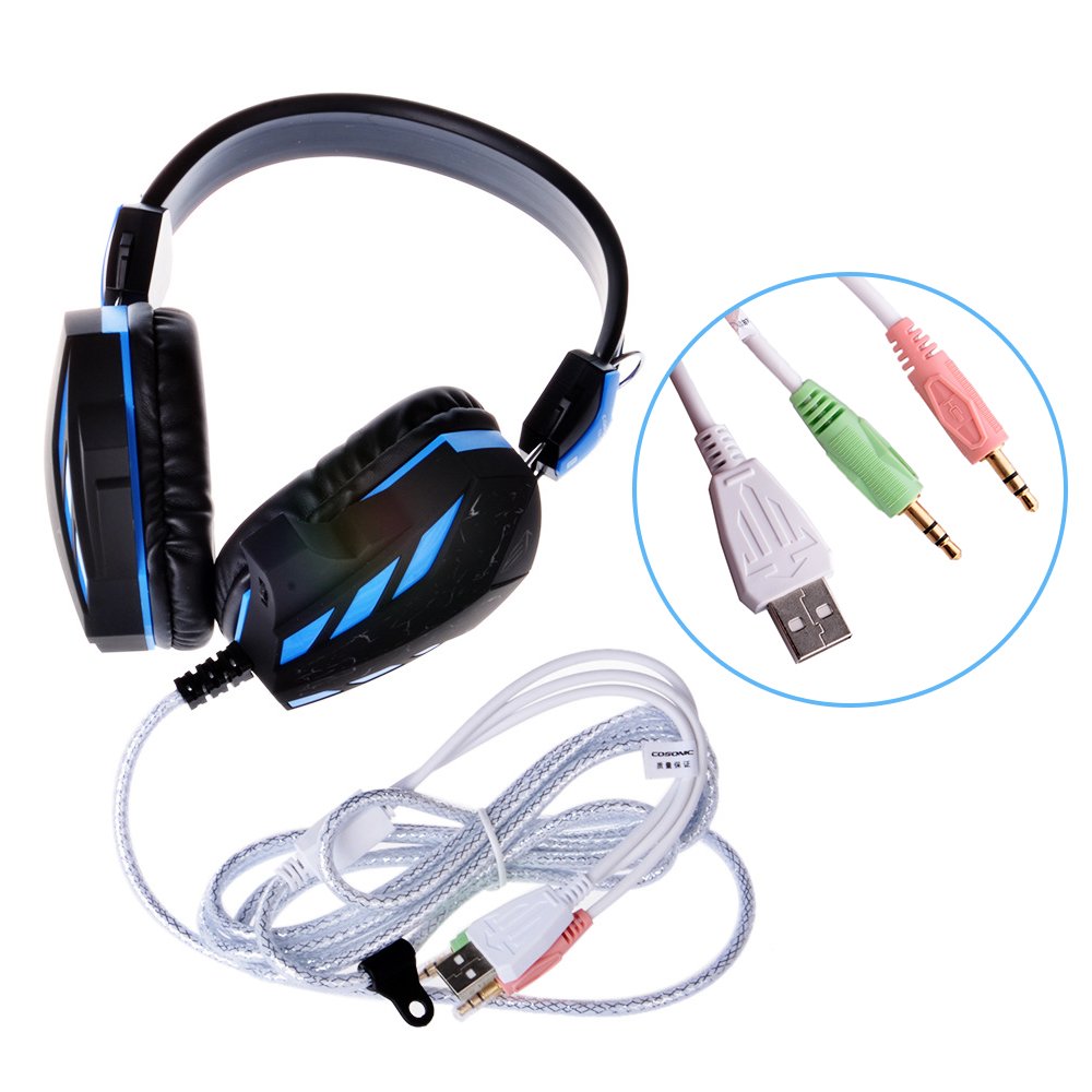 PC Gaming Headset, Topoint Comfortable 3.5mm Stereo Over-ear USB Gaming Headphone with Mic and LED Color Gradient light for Computer/Laptop-Blue
