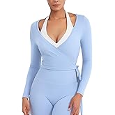 YEOREO Women Pilates Wrap Top Long Sleeve Tie Ballet Workout Yoga Shirt Michelie Y2K V Neck Cropped Tops