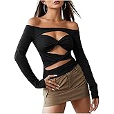 SHENHE Women's Sexy Cut Out Long Sleeve Top Off The Shoulder Twist Front Slim Fit Tee Shirt