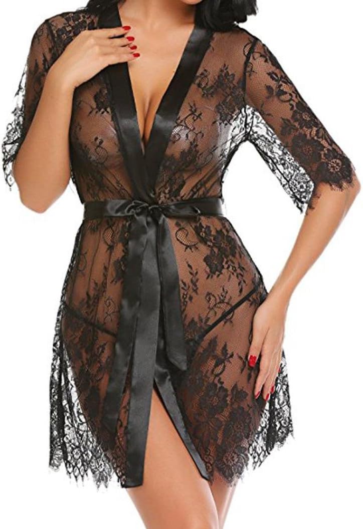 Bath Robe,Women Sexy Long Kimono Nightgown Chemise Dressing Gown Babydoll Transparent Lace Lingerie Bath Robe