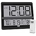 LFF Atomic Clock Large Display, Digital Wall Clock with Indoor Outdoor Temperature and Date, Wireless Outdoor Sensor, Digital Desk Alarm Clock Battery Operated for Bedroom, Easy to Read, Black
