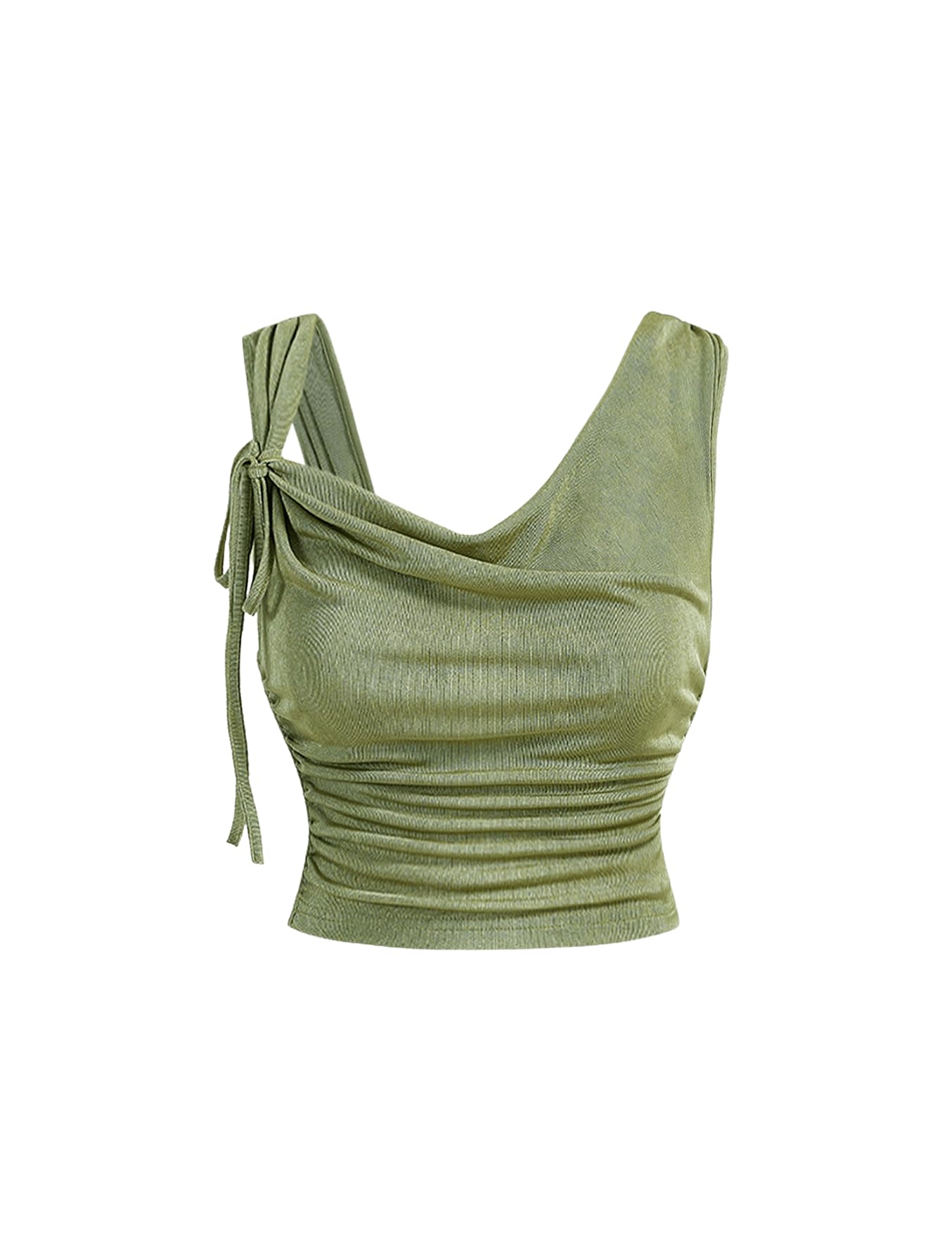 Photo 1 of WDIRARA Women's Plus Size Asymmetrical Neck Tank Tops Ruched Sleeveless Crop Top Green X-Large Plus