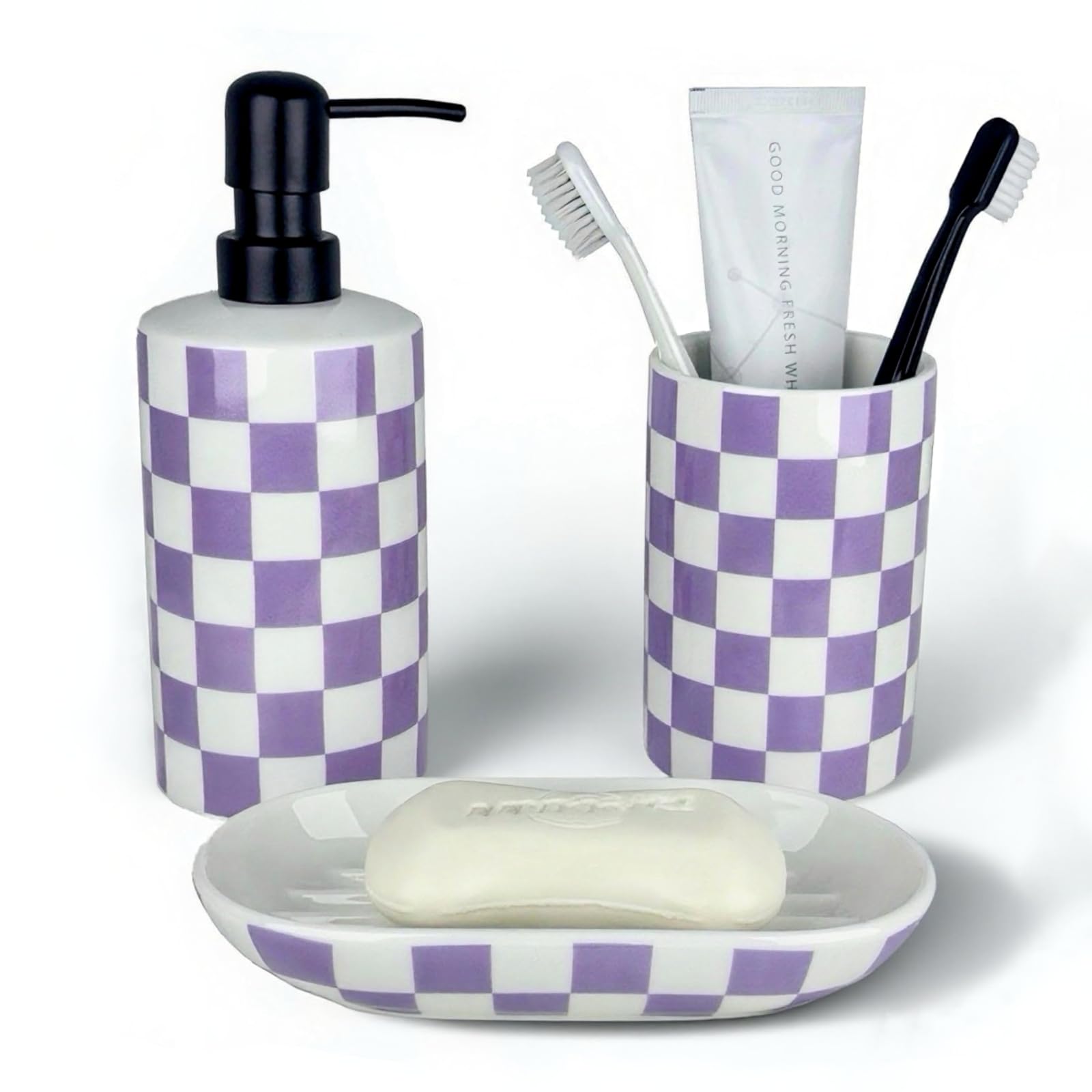Photo 1 of **MISSING SOAP DISPENCER** Bathroom Toothbrush Holder Set, Ceramic Soap Dispenser and Tooth Brush Holder& Soap Dish Set 3Pcs, Bathroom Accessories Sets Countertop, Purple Lavender Checkered Bathroom Decor
