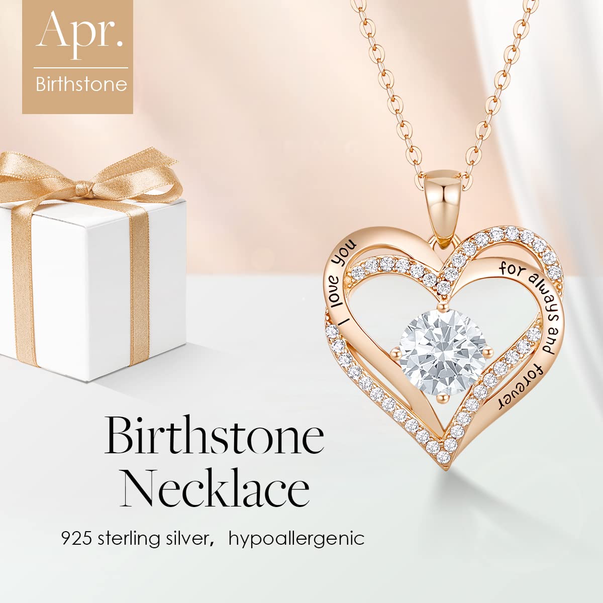 CDE Necklaces for Women Birthstone Pendant, Sterling Silver Love Heart Rose Gold Jewellery Gifts for Mum Her Wife Girlfriend Anniversary Birthday Mothers Day (925 Sterling Silver, Rose Gold-04-Apr)