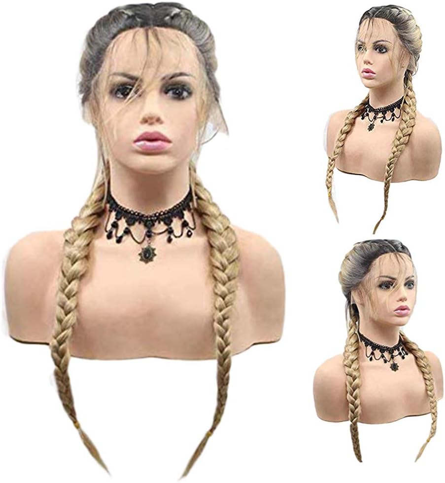 Golden White Blonde Braided Wigs for Women Double Braids Long Synthetic Lace Front Wig with Baby Hair Dark Roots Cheap Glueless Heat Resistant Fiber Hair Wig for Party Cosplay Wig 22inch