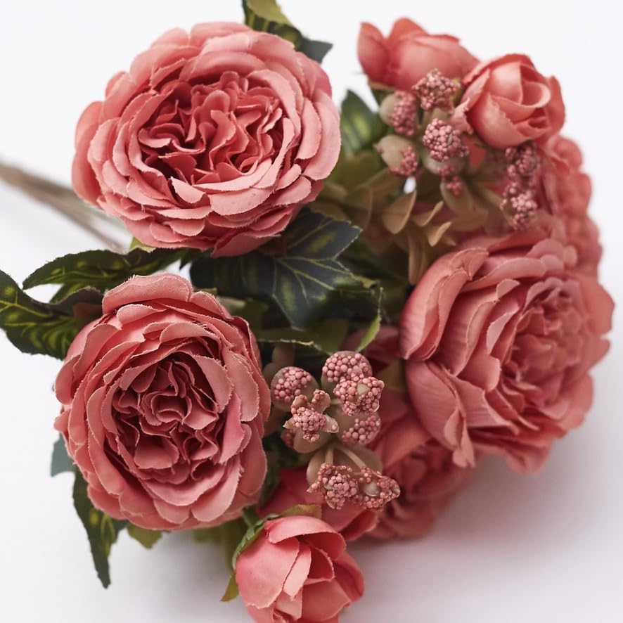 The Baked Studio - Silk Peony and Tea Rose Artificial Bouquet 9 Heads Realistic Fake Plant for DIY Craft Cake Living Room Home Wedding Decoration (PRETTY BLUSH PINK)