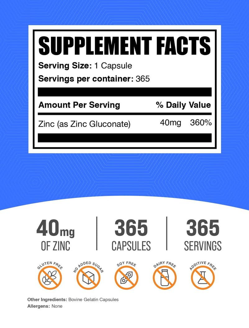 BulkSupplements.com Zinc Gluconate Capsules - Zinc Supplements, for Immune Support - Gluten Free, 1 Capsule per Serving, 365 Count (Pack of 1)
