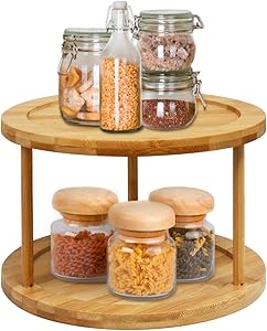 Lazy Susan Turntable Spice Rack - 10 Inch 2-Tier Bamboo Kitchen Countertop Cabinet Rotating Condiments Organizer