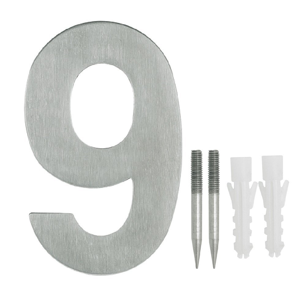NUZAMAS Door Numbers Plaques 9, Stainless Steel Hotel House Address Plaque Digits Plate Signs Street Numbers, Wall Mounted, 10.8cm Width 15cm High, Installation Kit Included