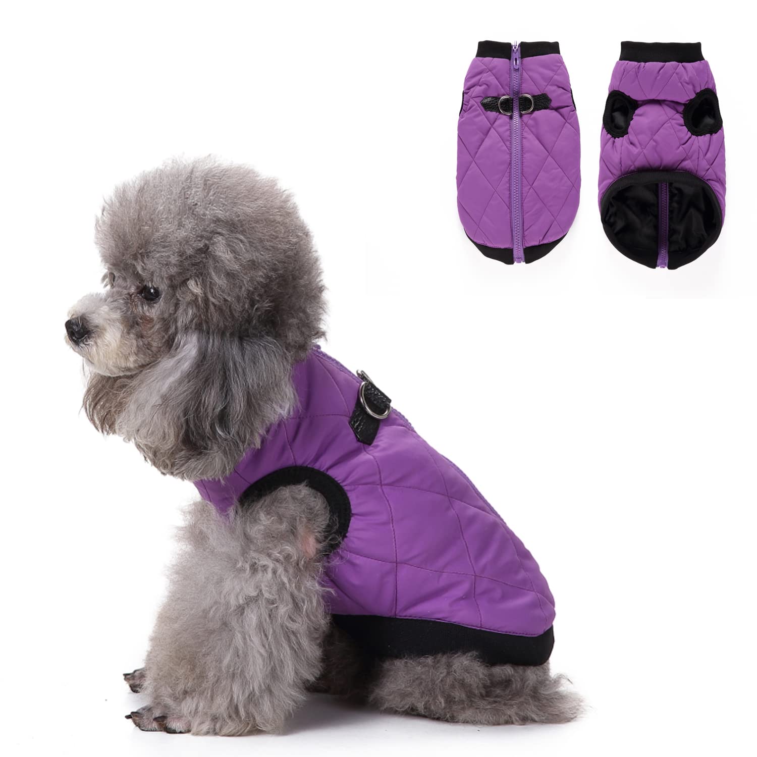 MeiAOBest Dog Clothing With Harness,Winter Warm Dog Jacket With Zipper,Cold Weather Dog Windproof Coat,Winter Cotton Coats for Small Medium Dogs_S(Purple)