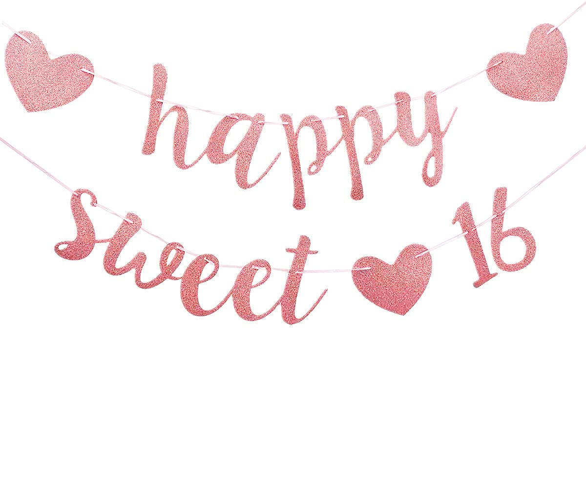 16th Birthday Banners For Girls Happy Sweet 16 Banner Glittery Birthday Bunting Garland Sign Sixteen Age 16 Party Decoration Rose Gold