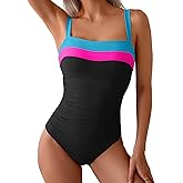 Eomenie Women's One Piece Swimsuit Tummy Control Ruched Bathing Suit Full Coverage Slimming Swimwear Color Block Swim Suit