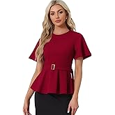 Allegra K Peplum Blouse for Women's Round Neck Bell Sleeve Belted Waist Office Work Tops