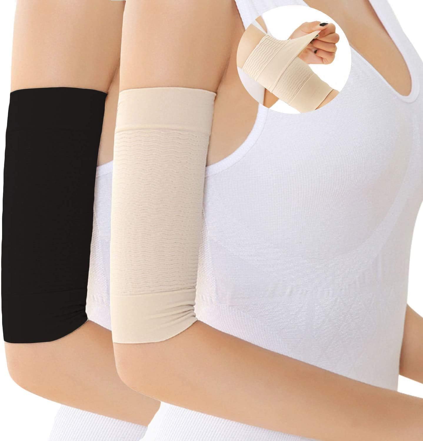 Arm Compression Sleeves, 2 Pair Slimming Arm Sleeves Shaper Wrap for Women Weight Loss Upper Helps Lose Arm Fat Tone Up Arm Shaping Sleeve Beige/Black: Health & Personal Care