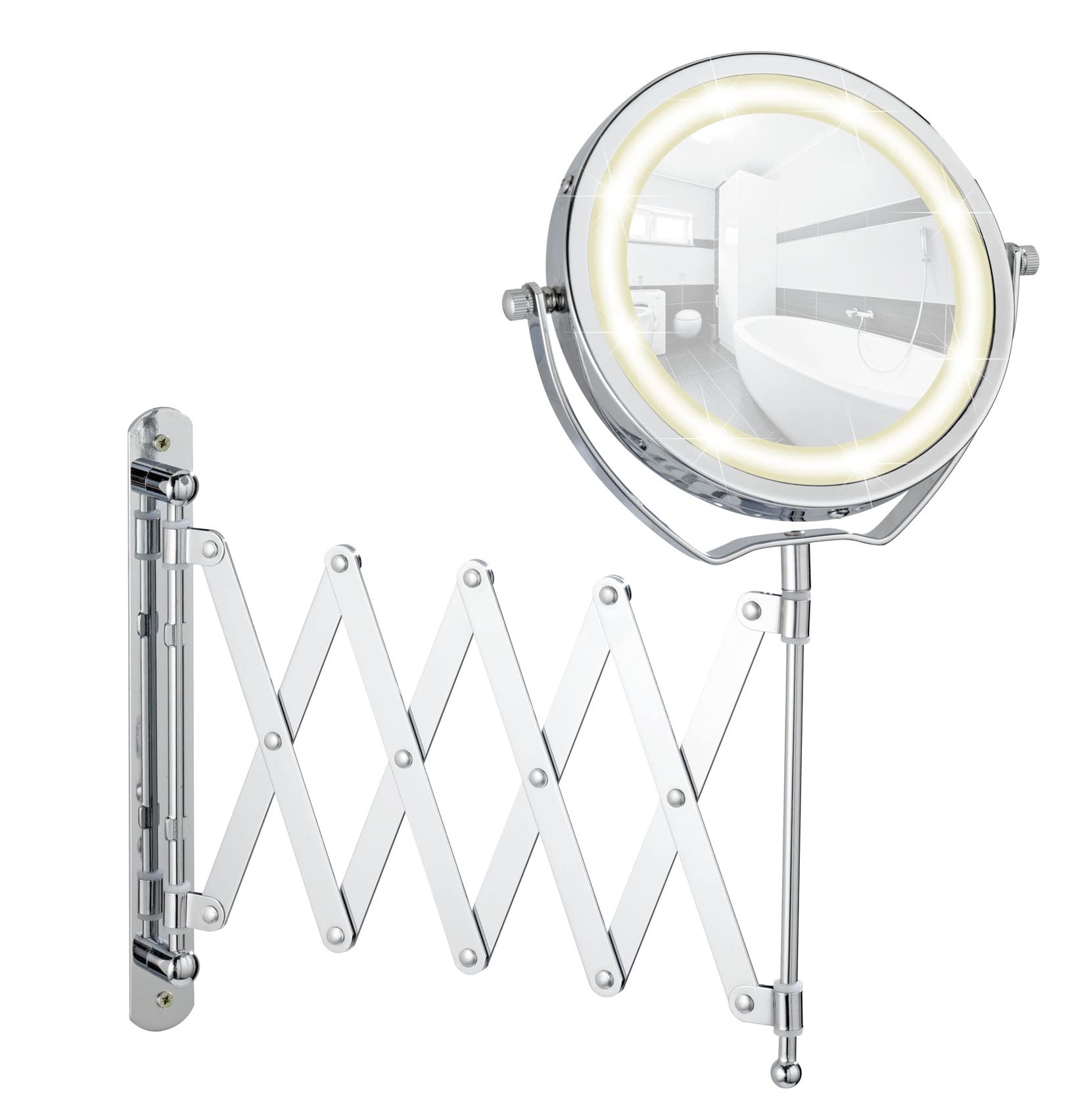 Wenko 3656380100 LED wallmounted cosmetic mirror Brolo illuminated, heightadjustable, swivel function, mirror surface ø 11.0cm, Metal Steel, 18.5 x 38.5 x 45 cm, Chrome