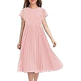 HOSIKA Flower Girl Dress Elegant Vintage Lace 3/4 Sleeve A-Line Pleated Formal Wedding Party Dress