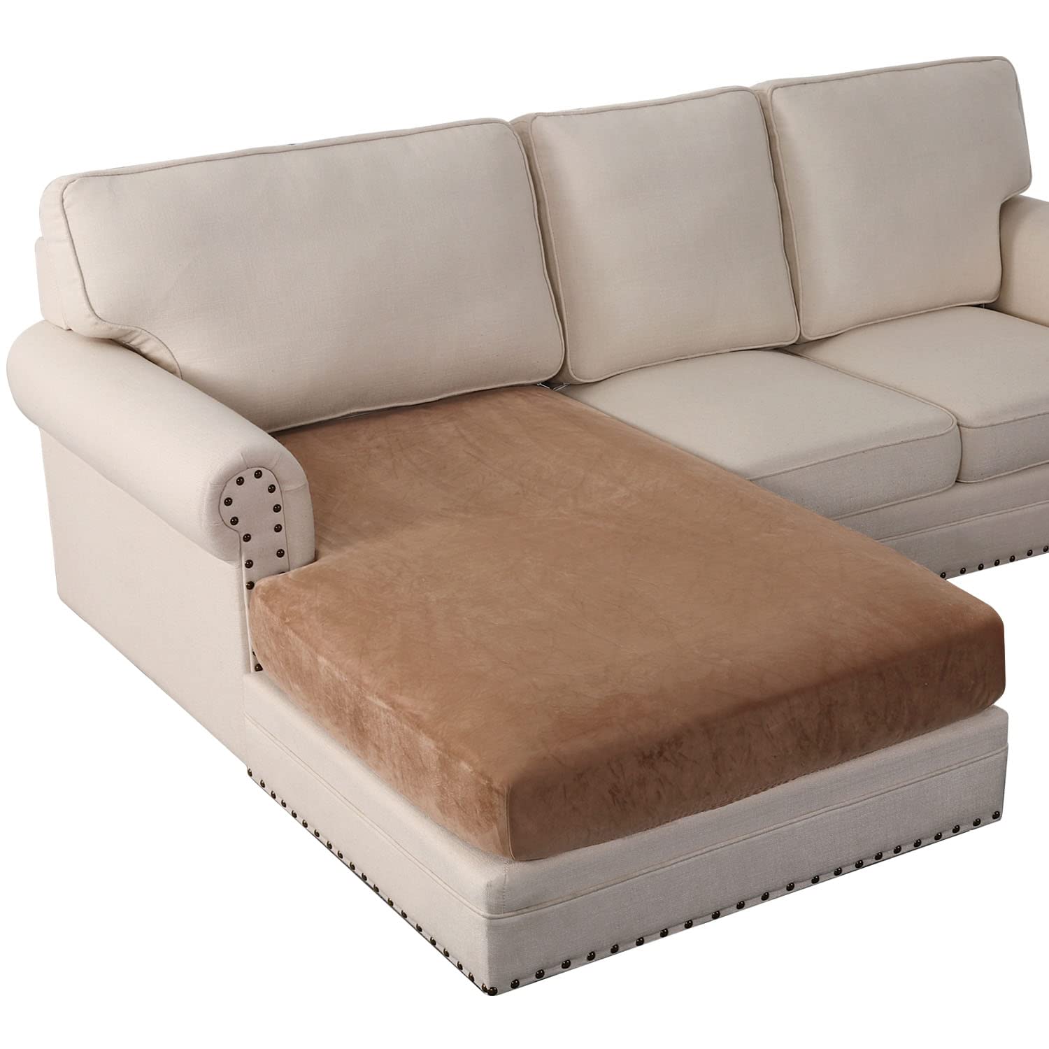 Photo 1 of PrinceDeco Sectional Couch Covers Velvet Couch Cover for Dogs Washable L Shaped Couch Cover 1 Piece Individual Sectional Couch Covers with Elastic Bottom(Chaise Lounge,Camel)
