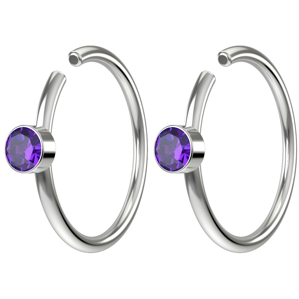 Bling Piercing 2pc 20g 0.8mm Crystal Fake Nose Bar Clips 8mm Hoop Ring Hypoallergenic Stainless Steel CZ Amethyst