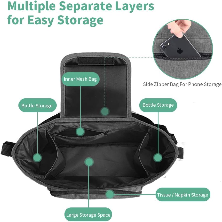 Baby Stroller Organizer - Stroller Accessories Bag Large Space with 2 Cup Holders Multiple Zipper Pockets for Bottle, Diaper, Phone, Toys, Baby Items - Fits All Strollers, Easy Installation: Home Improvement
