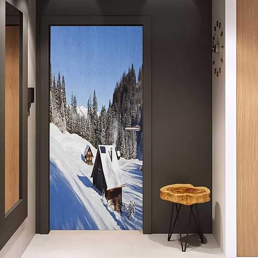 Amazon Com Onefzc Door Wallpaper Murals Winter Log Cabins In The