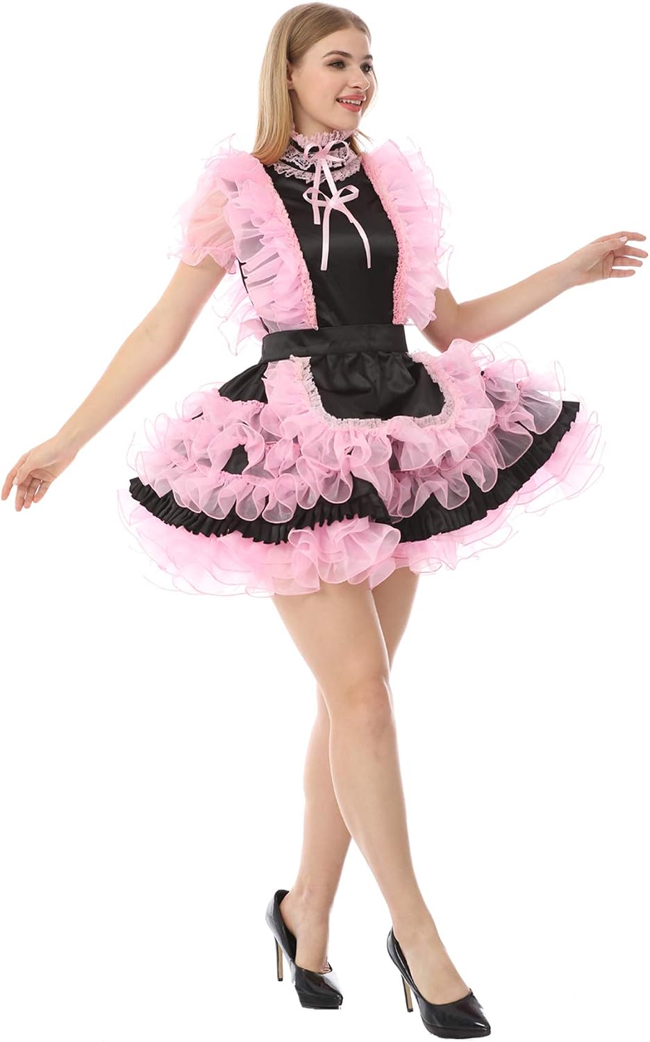 JOLINE Sissy High Neck Ruffled Lace Silky Satin Black Dress Crossdressing (L) Pink - Image 5