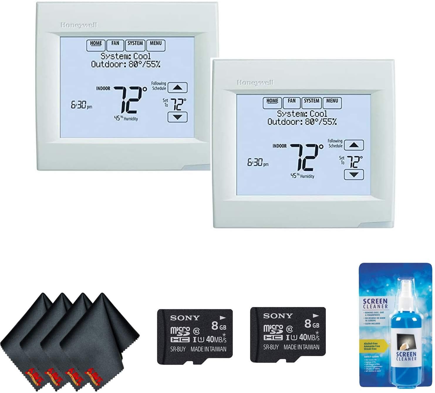 Honeywell TH8321R1001 Vision pro 8000 Thermostat (White) (2-Pack) with 2 x 8GB microSD Card and Screen Cleaning Kit