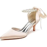 JOEupin Women's Pearl Wedding Shoes for Bride Comfort Kitten Heel Pumps for Bride Prom Evening Party Dress Shoes