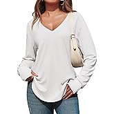 Tankaneo Womens Deep V Neck Tunic Tops Long Sleeve Oversized Casual Loose Fit Curved Hem T Shirts