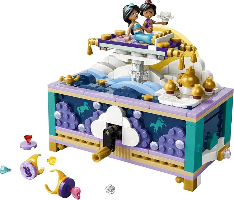 | Princesas Disney Joyero de Jasmine – Juguete de Aladdin con 2 Mini Muñecos, 2 Anillos y Lámpara del Genio – Decoración para la Habitación – Regalo para Niñas de 6+ Años y Fans – 43295