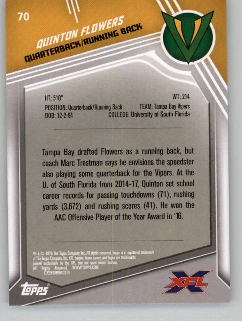 Insert Singles 2020 Topps Xfl 70 Quinton Flowers Rc Rookie Tampa Bay Vipers Football Trading Card Sports Collectibles