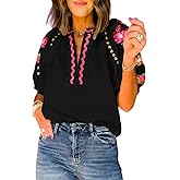 Ecosunny Women's Casual V Neck Puff Short Sleeve Shirts Floral Embroidered Ricrac Textured Loose Tunic Blouses Tops