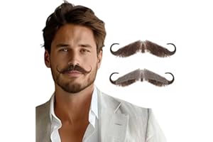 Krfapt Fake Mustache Realistic Handlebar Style - 100% Human Hair with Lace Front for Easy Stick On, Masquerade Party, Performance, Halloween Costume, Cosplay for Men & Women (Brown)