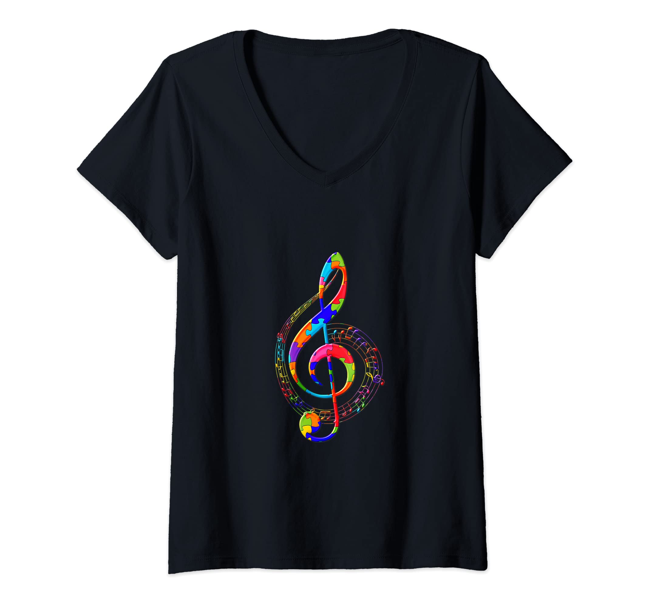 Womens Clef Musical Note Puzzle Autism Puzzle V-Neck T-Shirt