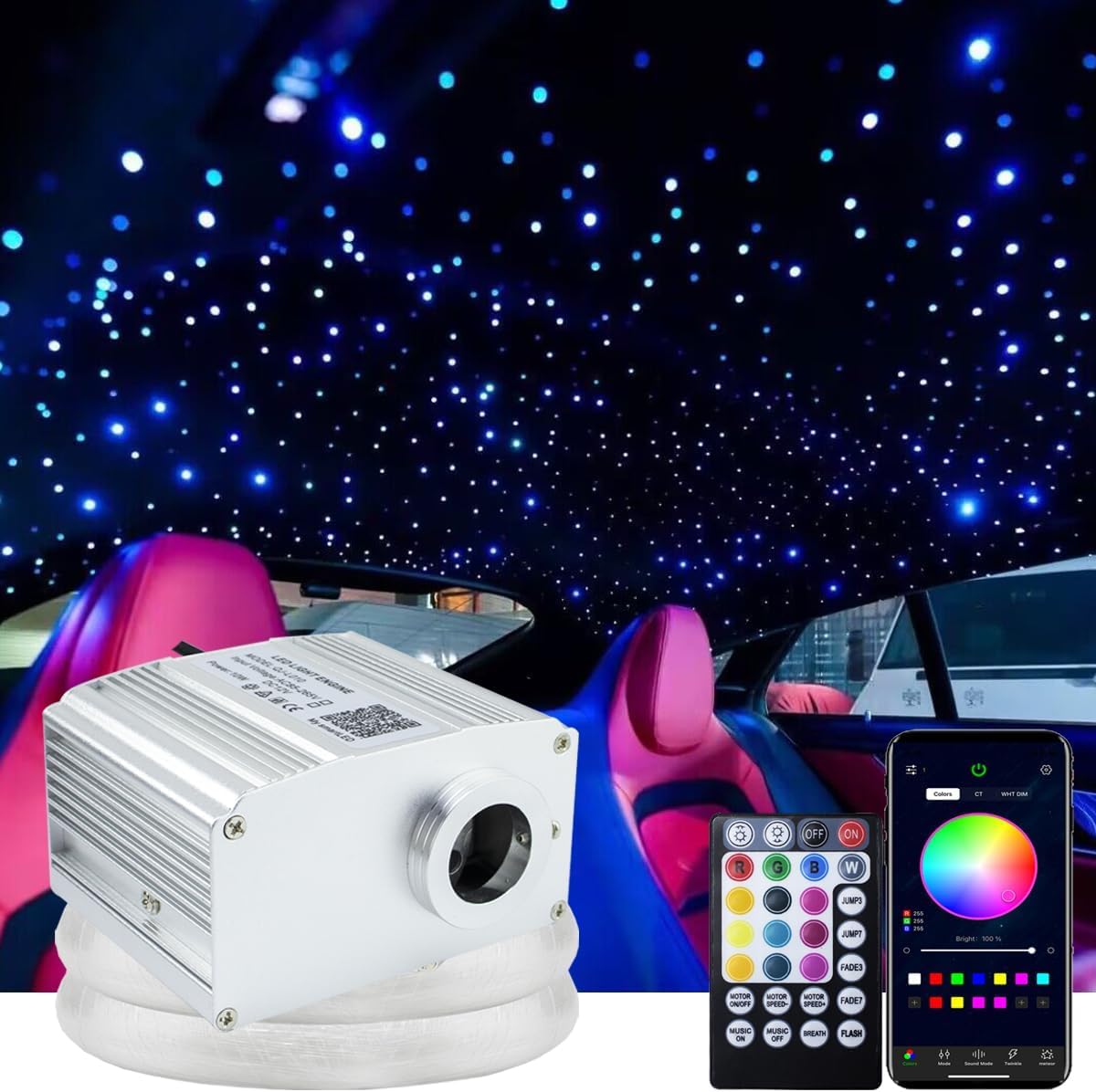 Callsky 10W Twinkle Music APP Control Fiber Optic Star Ceiling Light Kit, Car Home use RGBW Bluetooth LED Engine Driver + 28key Remote Control + Fibers, Total 380pcs of 6.5ft/2m (0.02+0.03+0.04in)